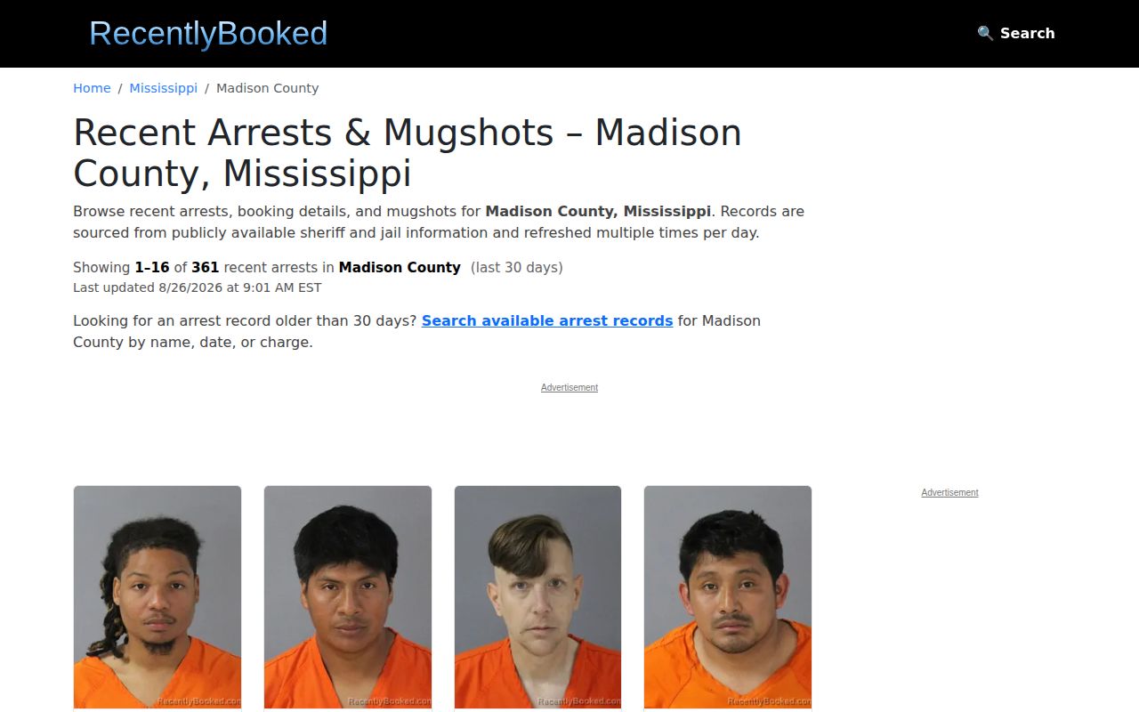 RecentlyBooked Madison County index interface, an unofficial source that requires official verification