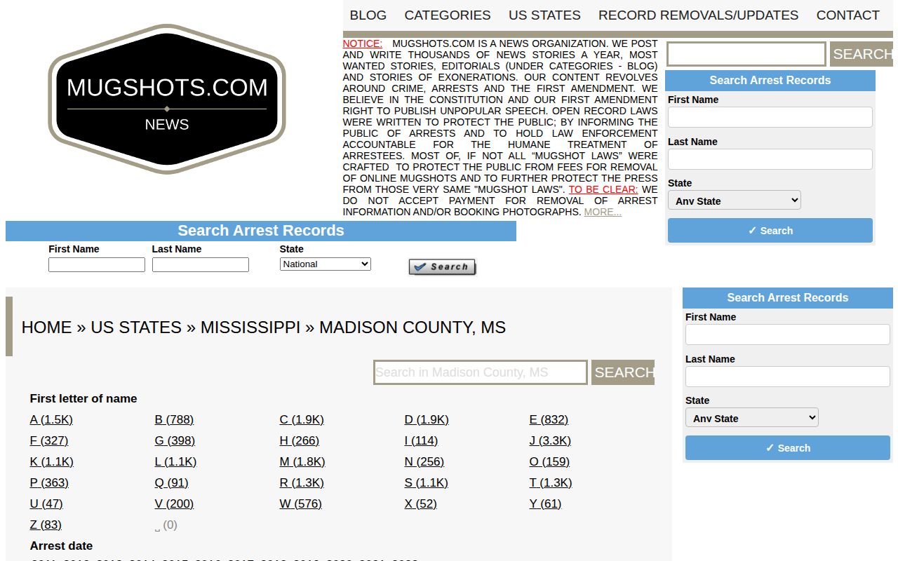 Mugshots.com Madison County index interface, an unofficial record lead requiring official confirmation