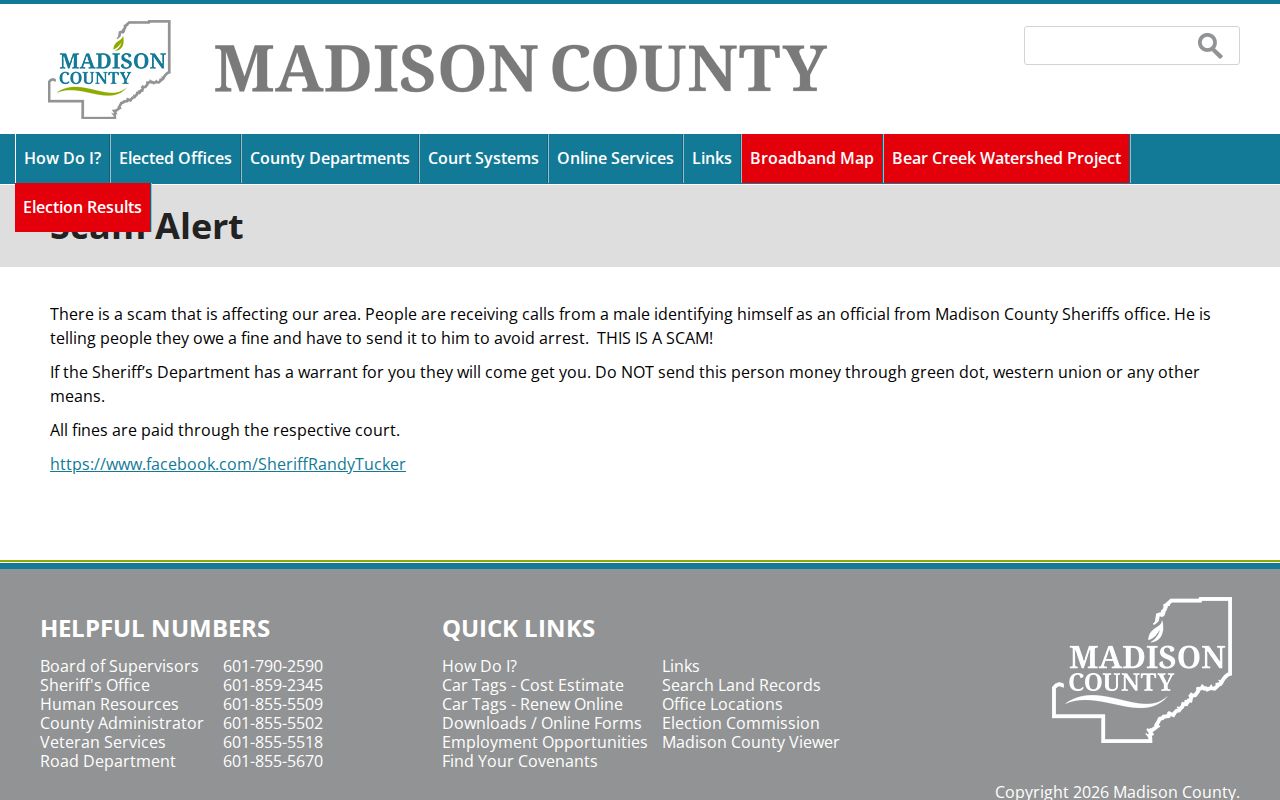 Madison County warrant-record scam warning from the official county source